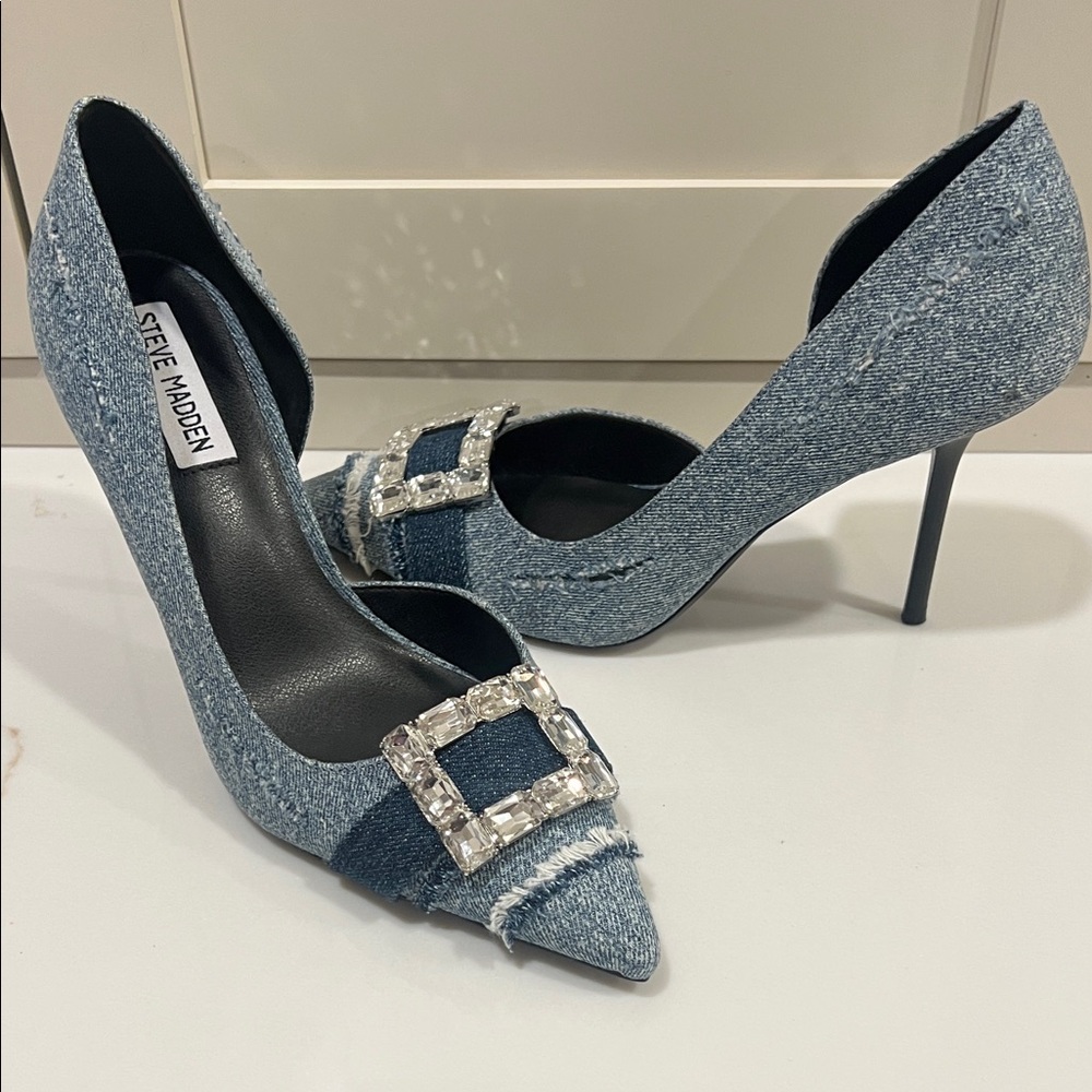 Steve Madden Denim Crystal-Buckle Pointed Toe Pumps - Blue - Picture 3 of 6